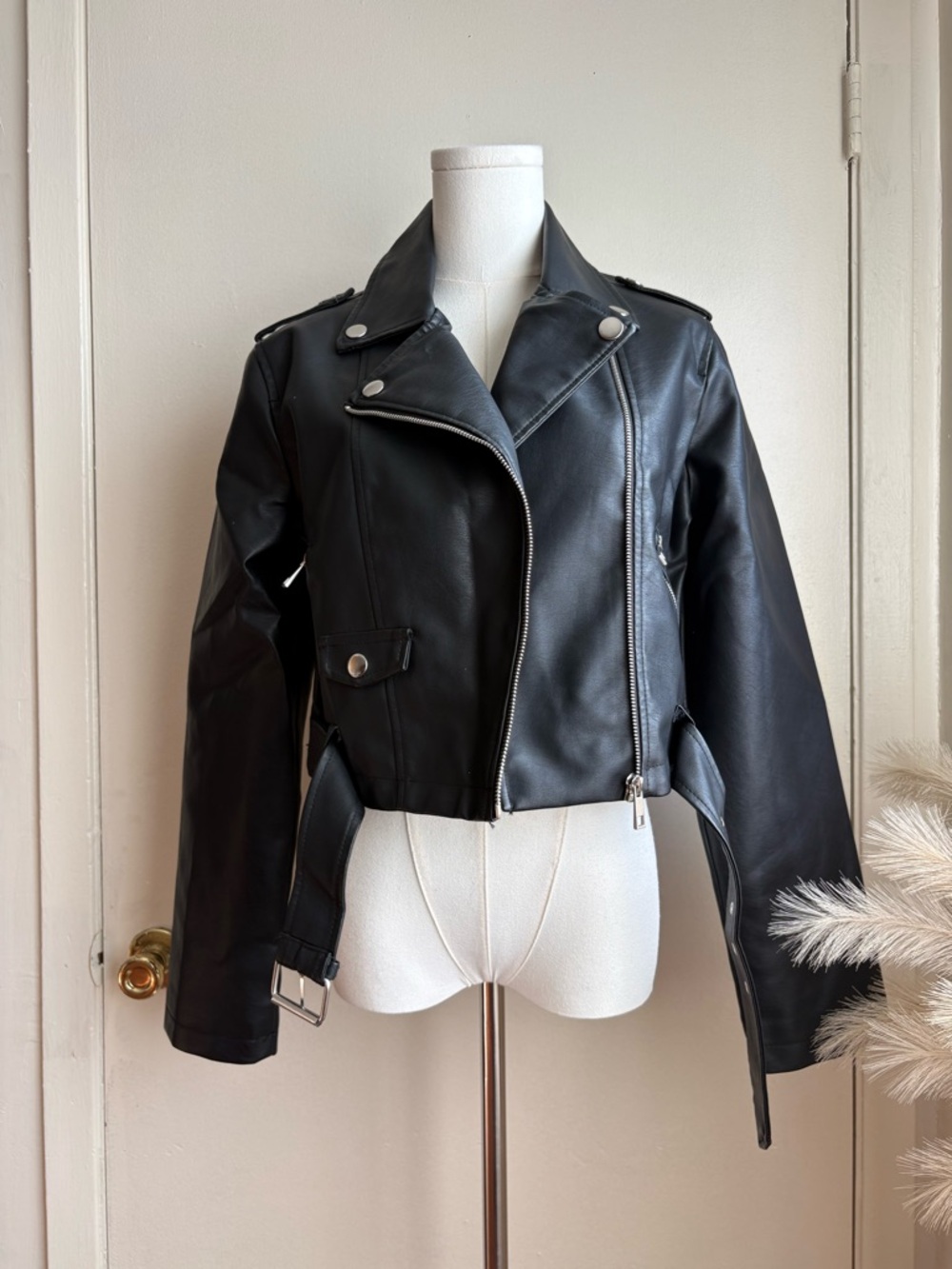 forever 21 faux leather belted zip up biker jacket